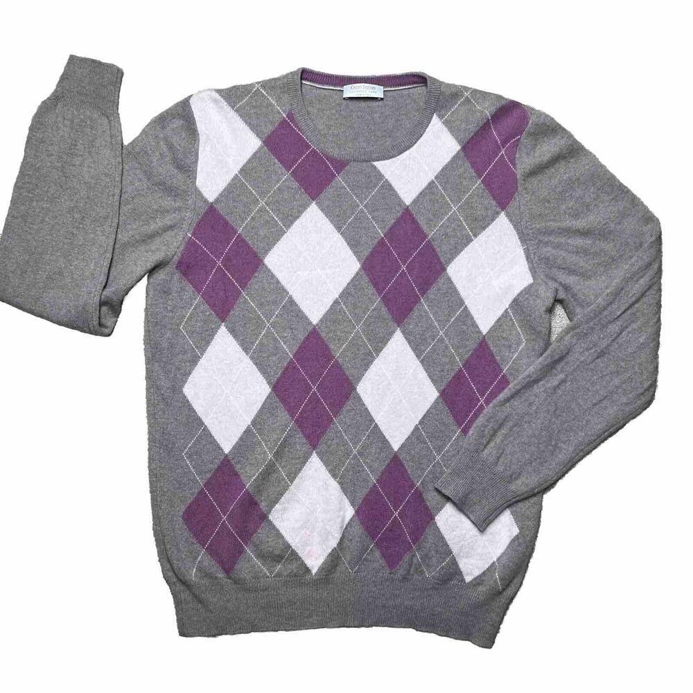 Gran Sasso Argyle Wool Cashmere Sweater Made In Italy Women Sz 50 L/XL Pink Gray